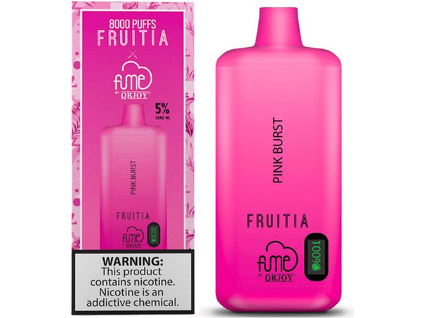Fume Fruitia Pink Burst flavored disposable vape device and box.