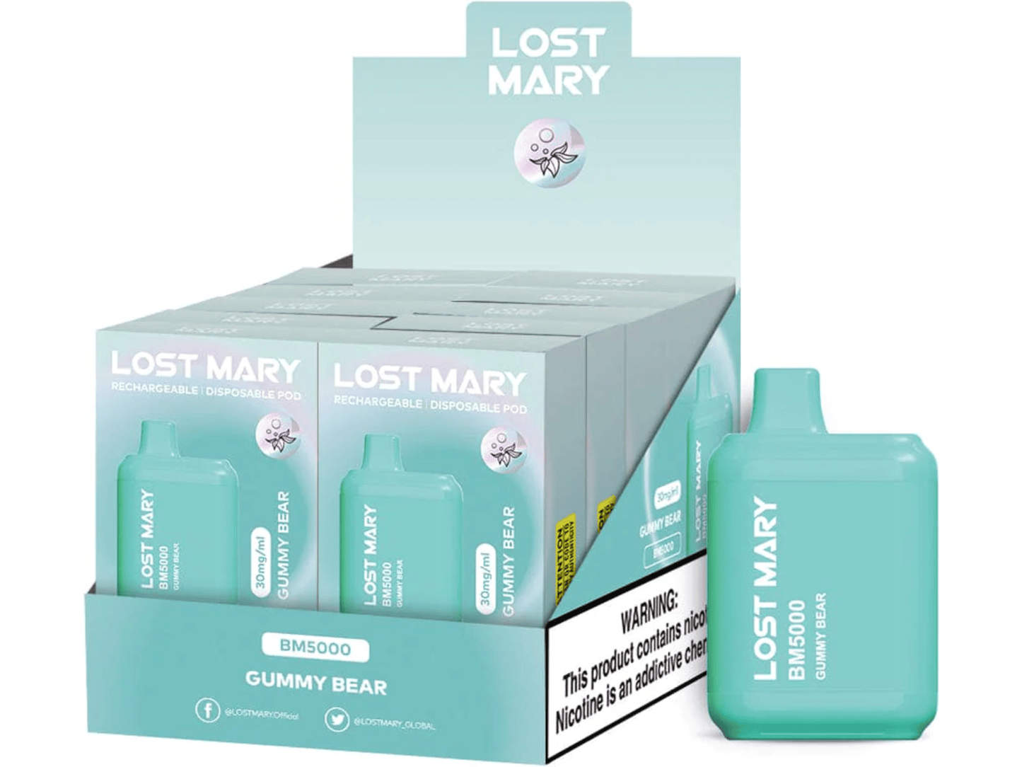 Lost Mary BM5000 Gummy Bear flavored disposable vape device and box.