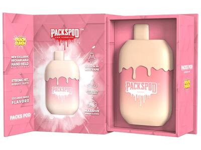 Packspod Peach Punch flavored disposable vape device.