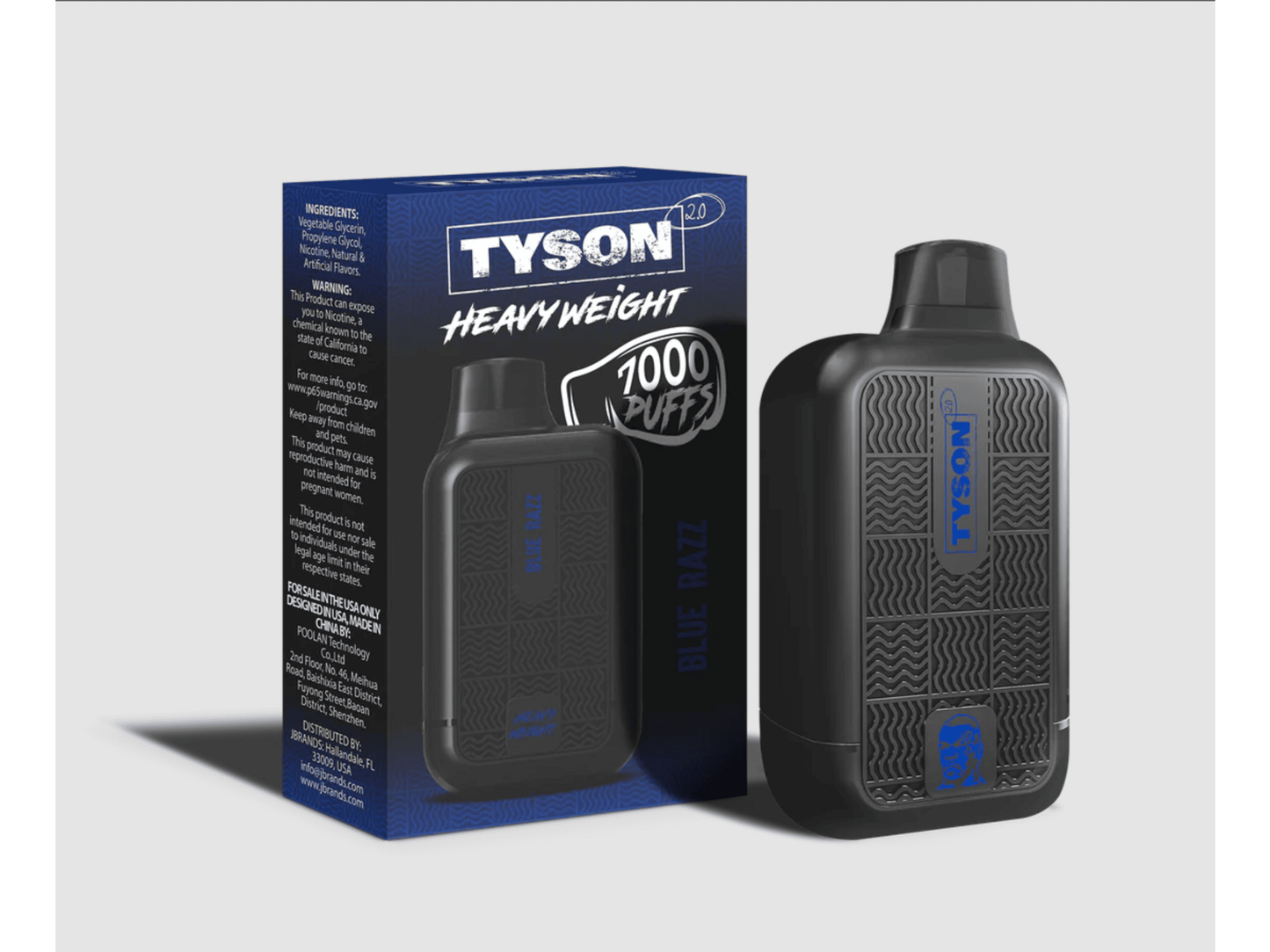 Tyson Heavyweight Blue Razz flavored disposable vape device and box.