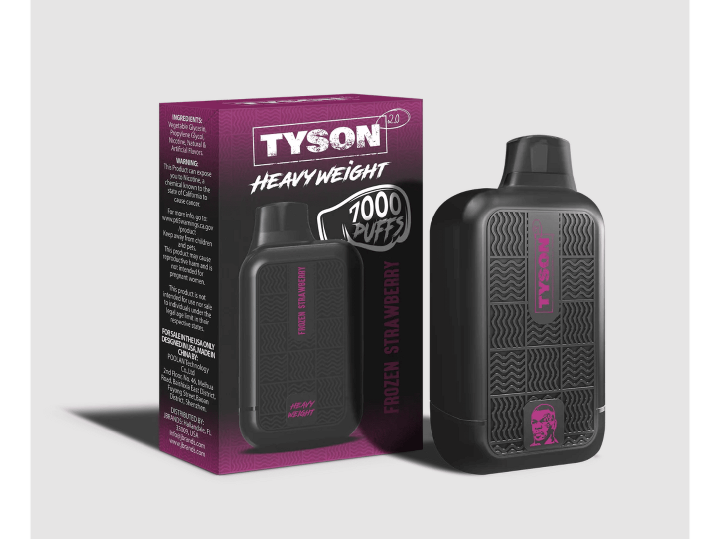 Tyson Heavyweight Frozen Strawberry flavored disposable vape device and box.