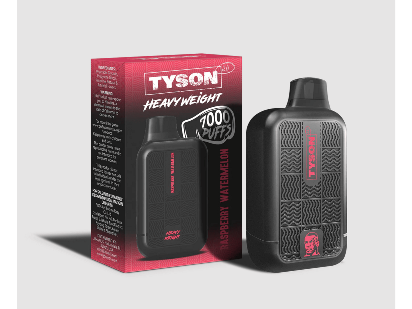 Tyson Heavyweight Raspberry Watermelon flavored disposable vape device and box.