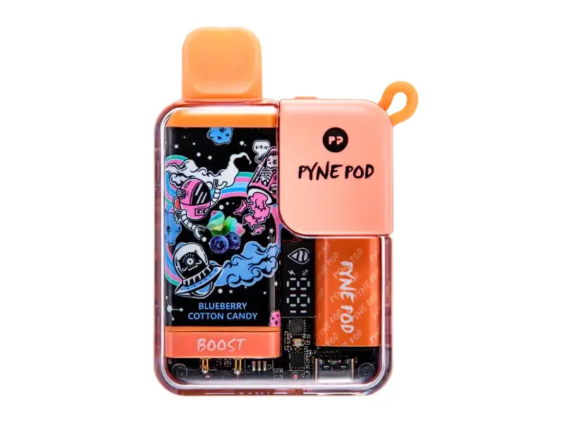 Pyne Pod Disposable Vape in Blueberry Cotton Candy flavor, featuring a battery and liquid display, 30-minute quick charge, flavor booster, dual mode, and on/off switch. 