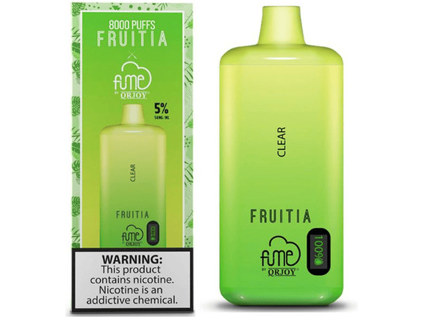 Fume Fruitia Clear flavored disposable vape device and box.