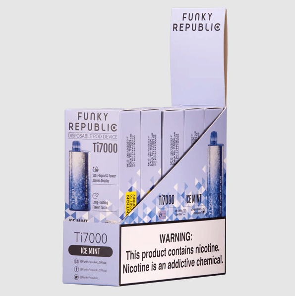 Funky Republic Ti7000 Ice Mint flavored disposable vape devicenand box.