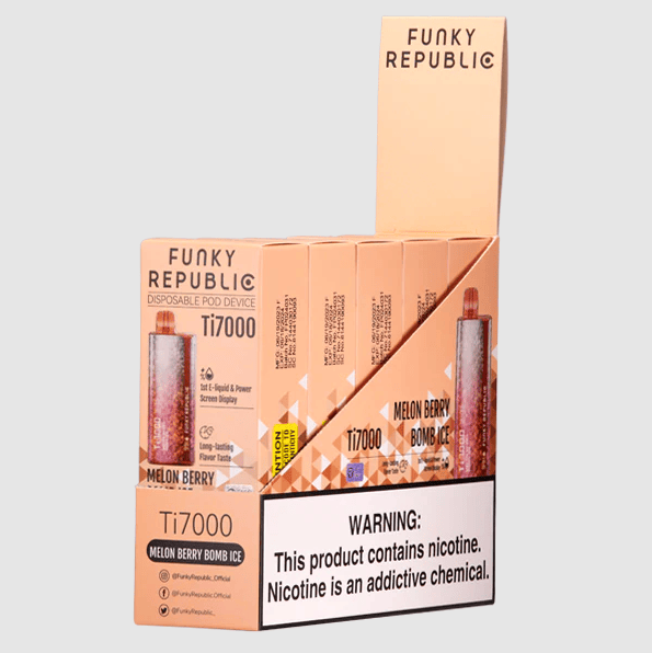 Funky Republic Ti7000 Mango Berry Bomb Ice flavored disposable vape device and box.