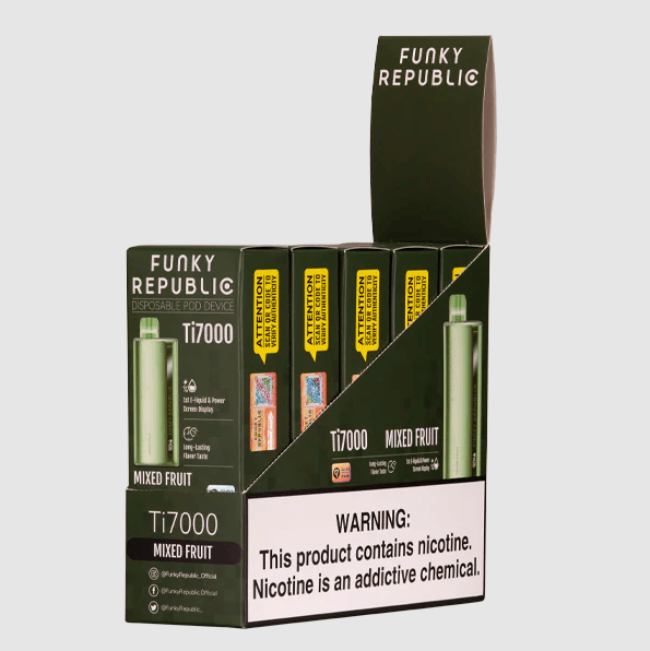 Funky Republic Fi7000 Mixed Fruit flavored disposable vape device and box.