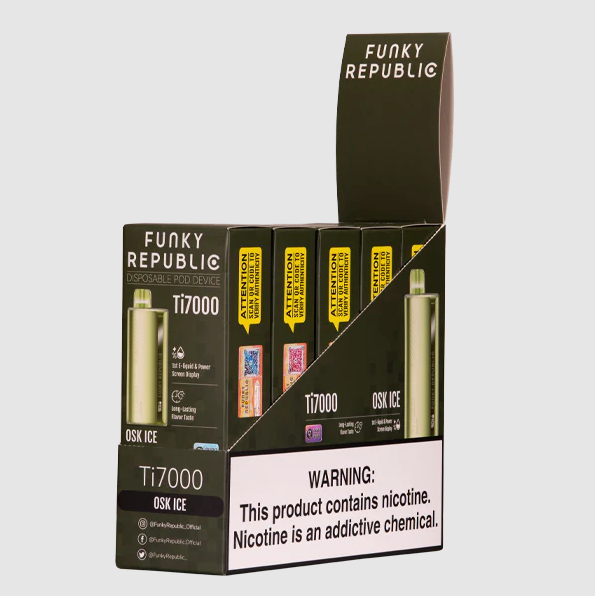 Funky Republic Ti7000 Osk Ice flavored disposable vape device and box.