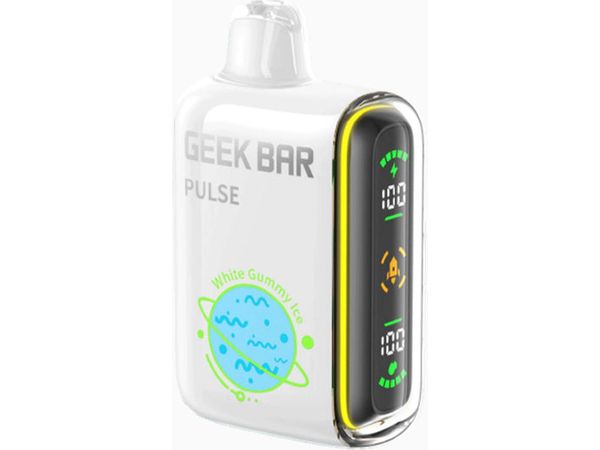 Geek Bar Pulse - White Gummy Ice flavored disposable vape device and box.