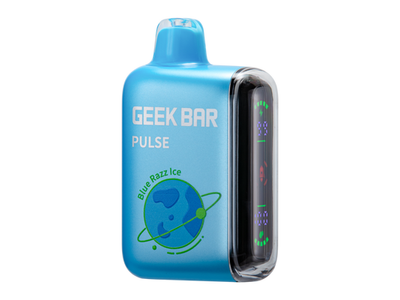 Geek Bar Pulse - Blue Razz Ice flavored disposable vape device and box.