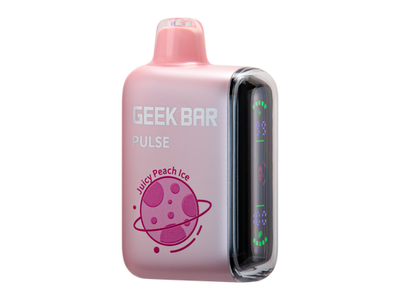 Geek Bar Pulse - Juicy Peach Ice flavored disposable vape device and box.