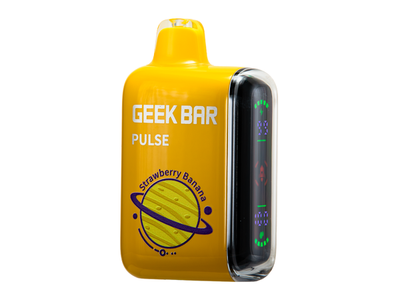 Geek Bar Pulse - Strawberry Banana flavored disposable vape device and box. 