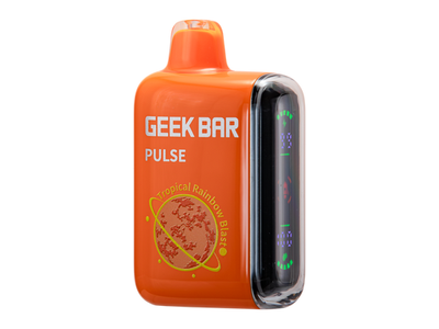 Geek Bar Pulse - Tropical Rainbow Blast flavored disposable vape device and box.