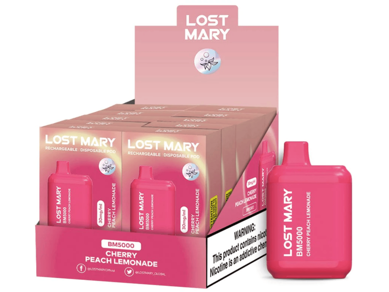 Lost Mary BM5000 Cherry Peach Lemonade flavored disposable vape device and box.