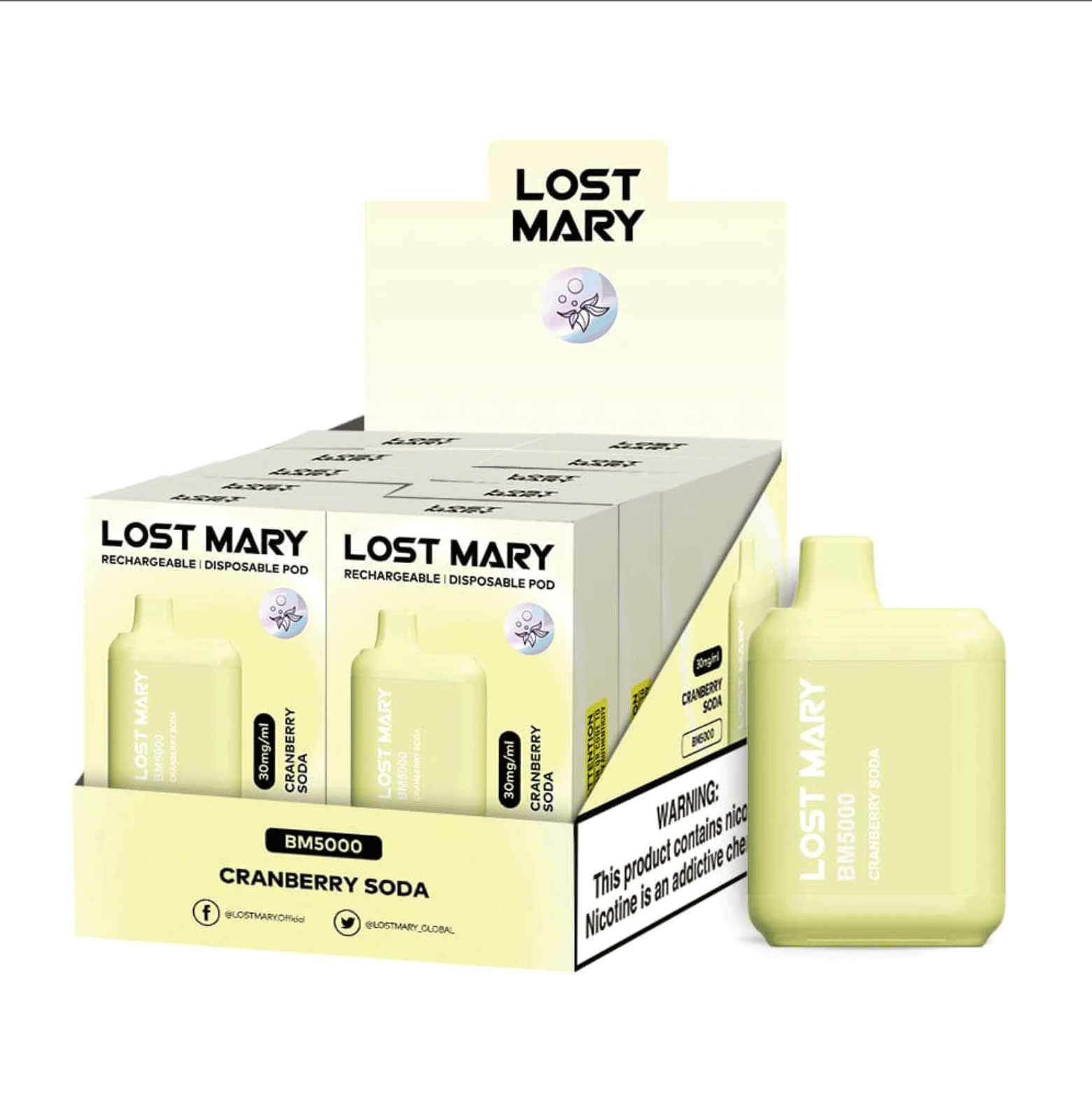 Lost Mary BM5000 Cranberry Soda flavored disposable vape device and box.