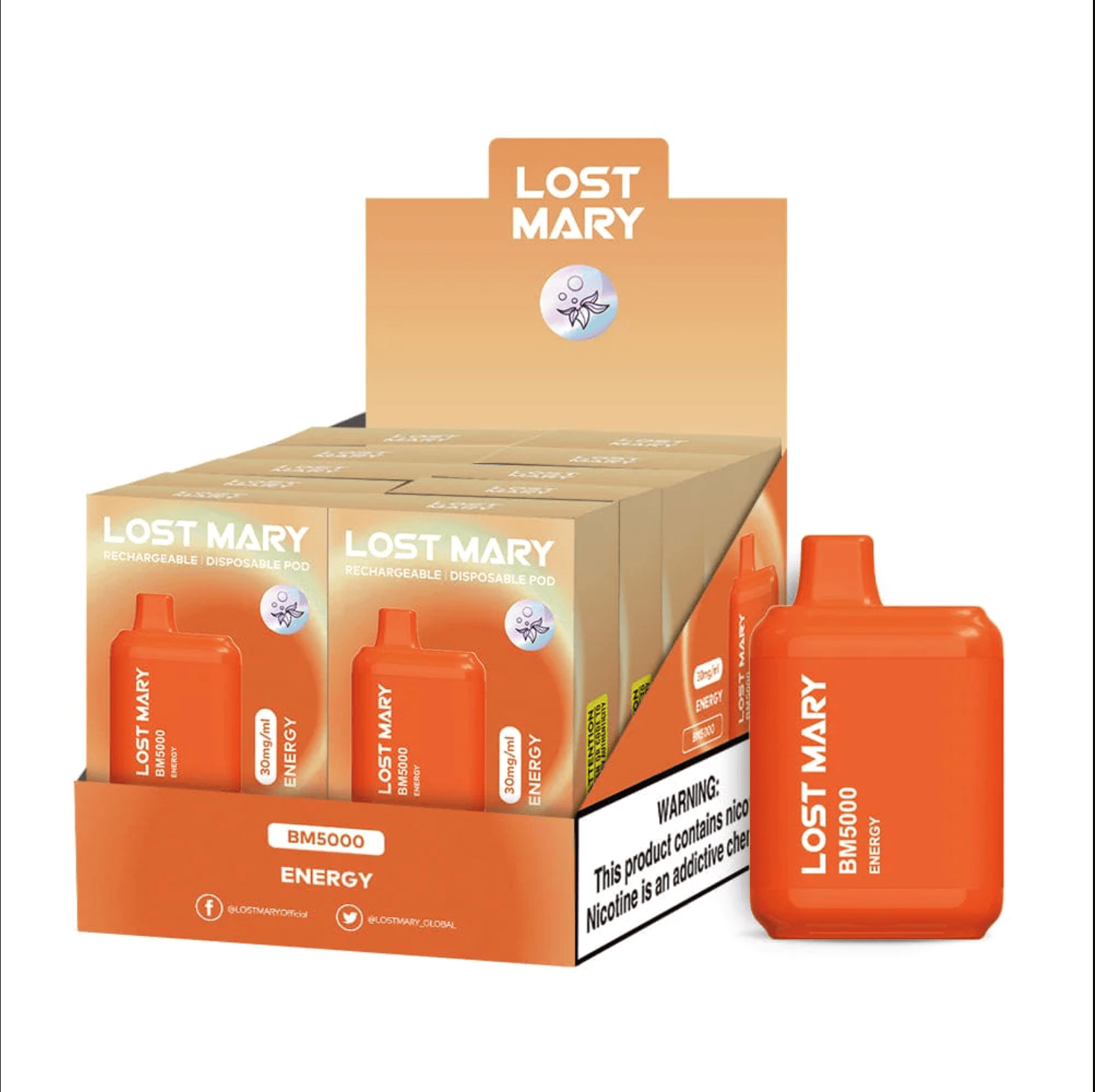 Lost Mary BM5000 Energy flavored disposable vape device and box.