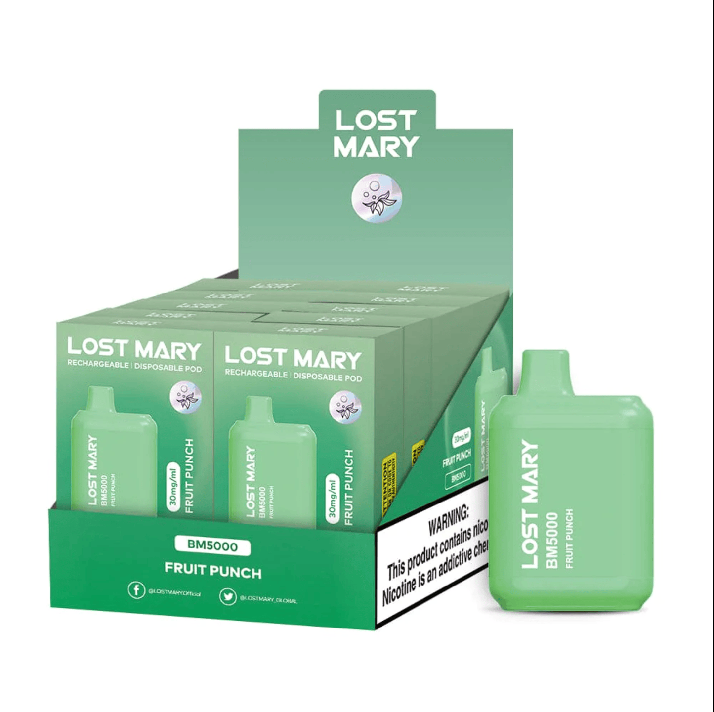 Lost Mary BM5000 Fruit Punch flavored disposable vape device and box.