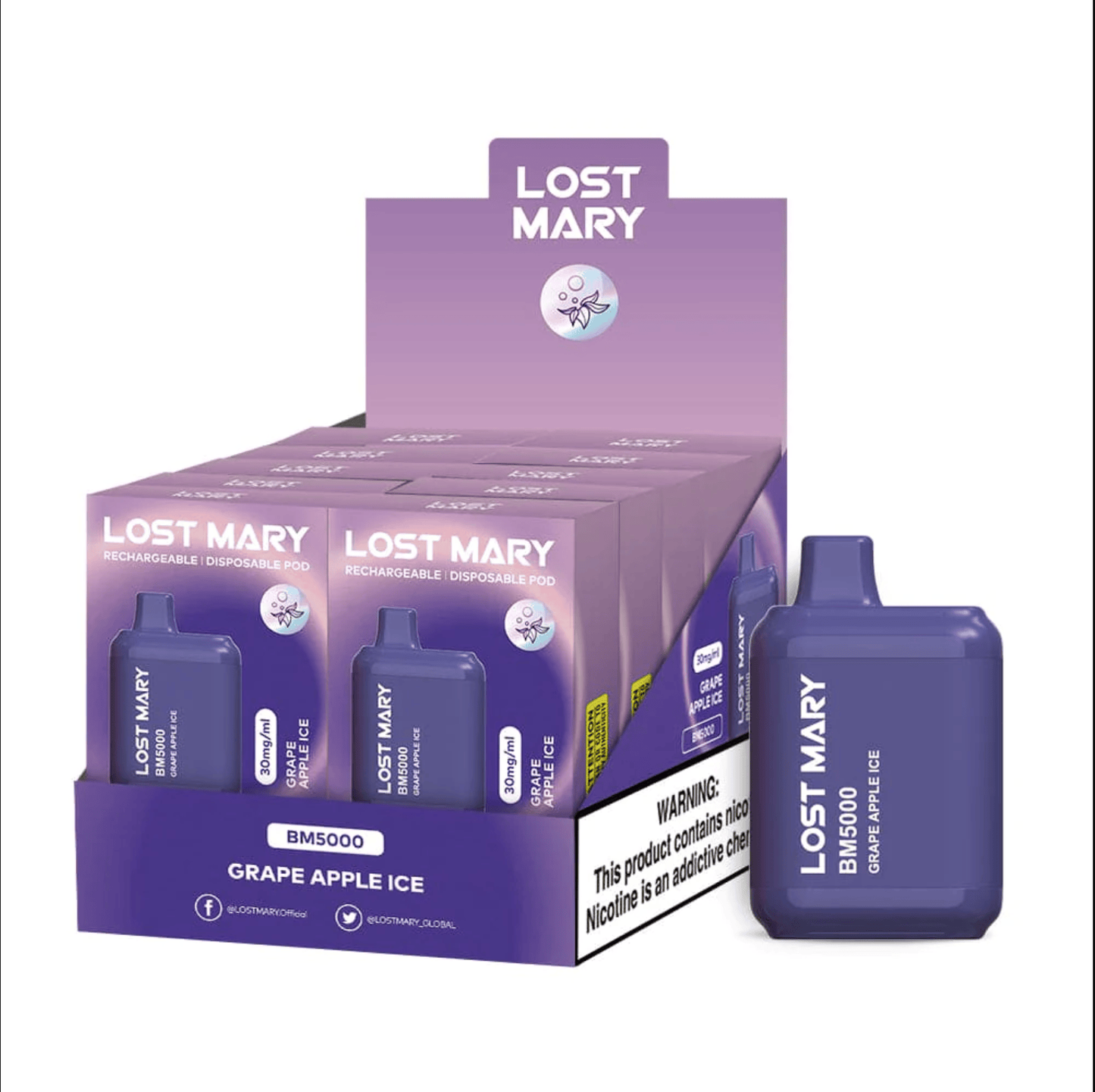 Lost Mary BM5000 Grape Apple Ice flavored disposable vape device and box.