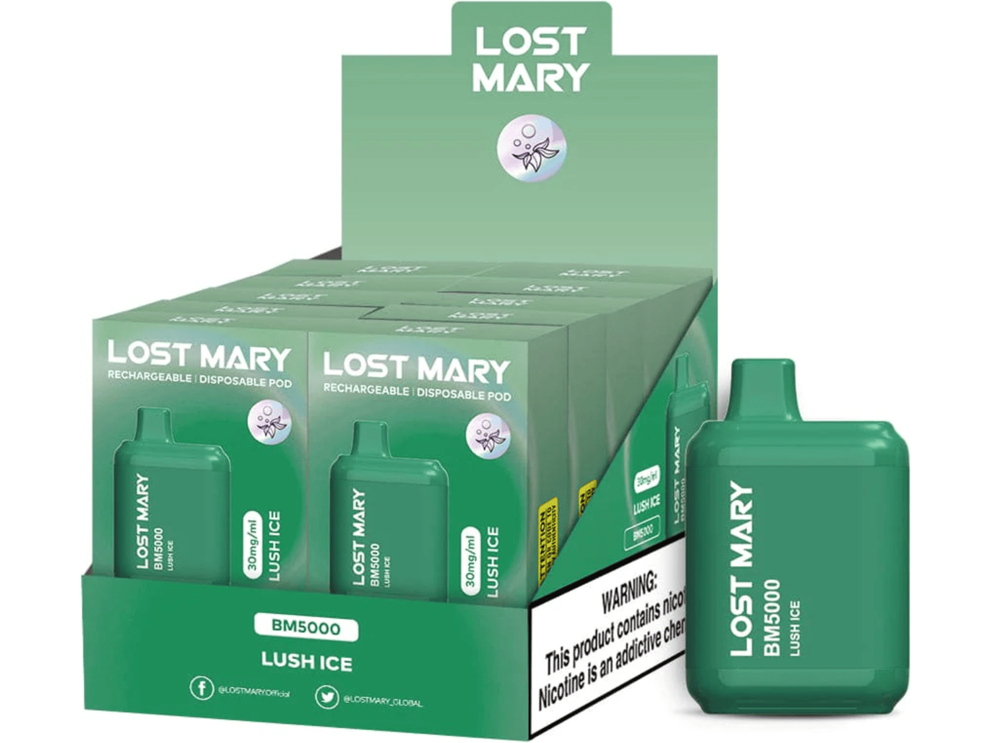 Lost Mary BM5000 Lush Ice flavored disposable vape device and box.