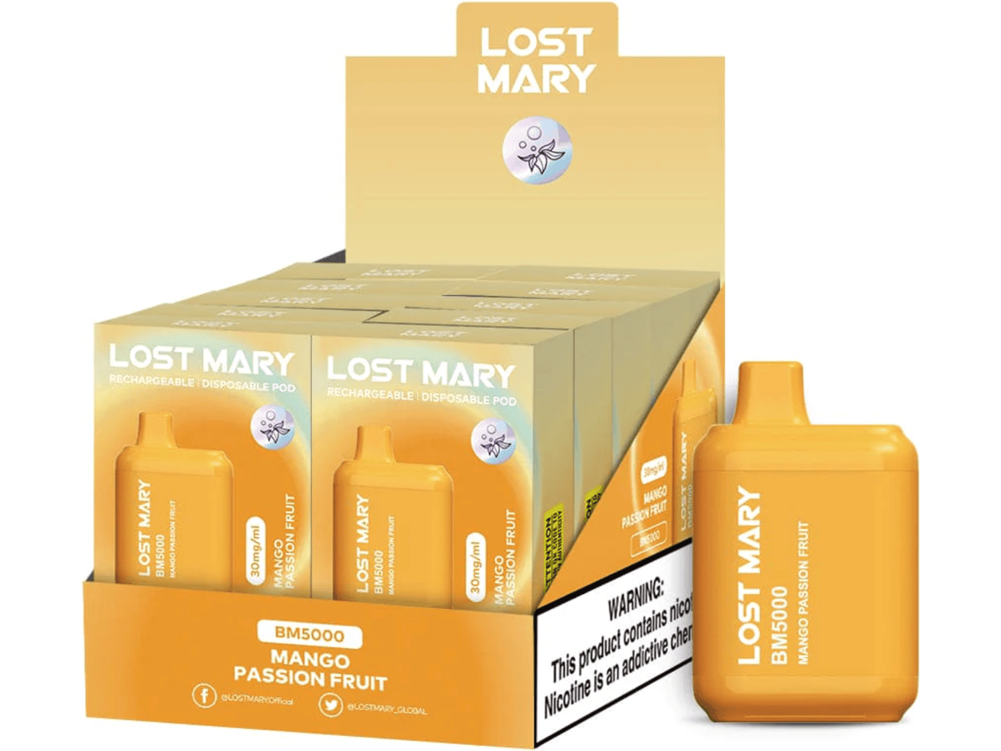 Lost Mary BM5000 Mango Passion Fruit flavored disposable vape device and box.