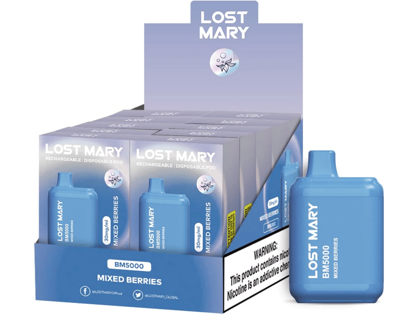 Lost Mary BM5000 Mixed Berries flavored disposable vape device and box.