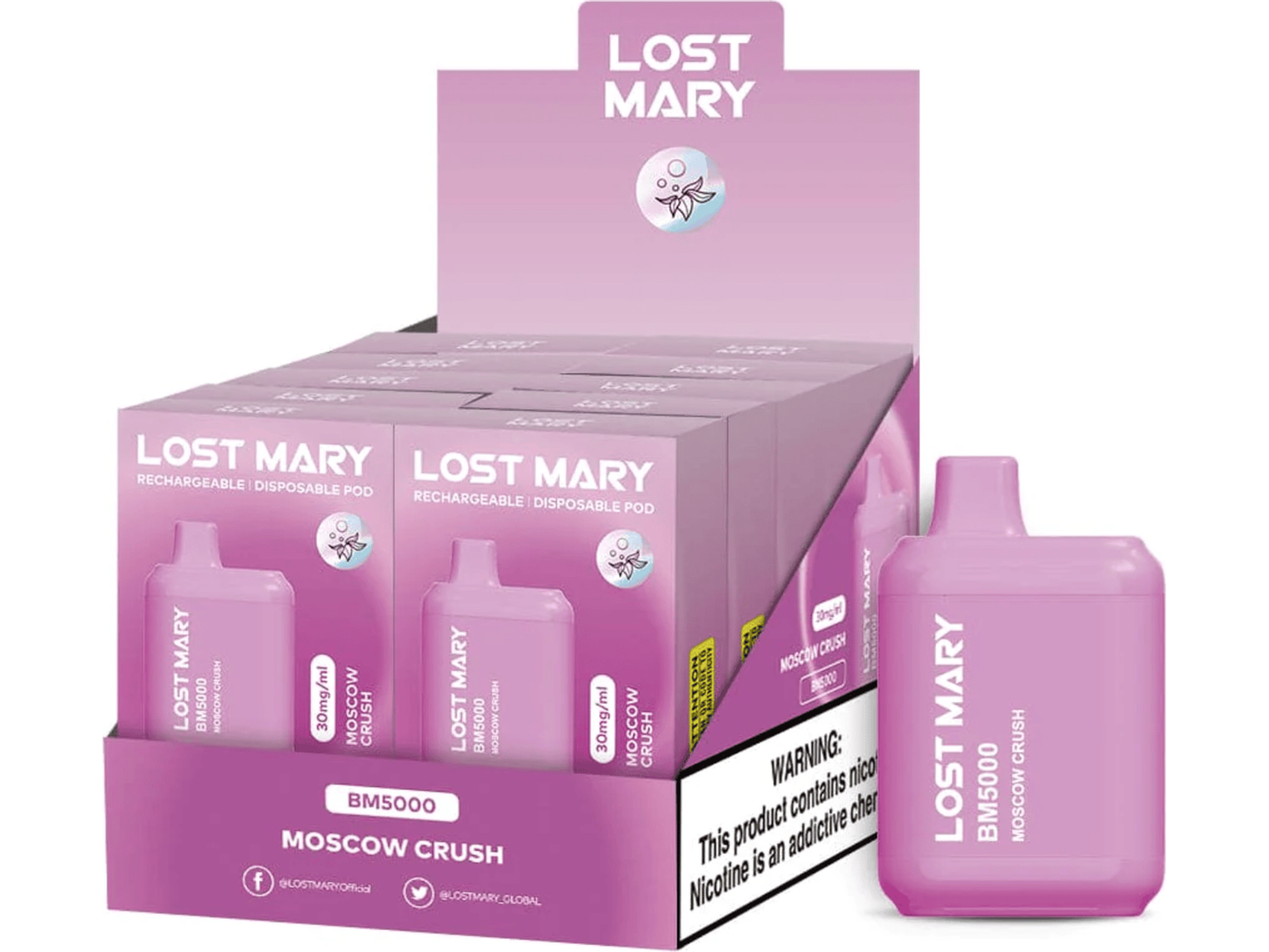 Lost Mary BM5000 Moscow Rush flavored disposable vape device and box.