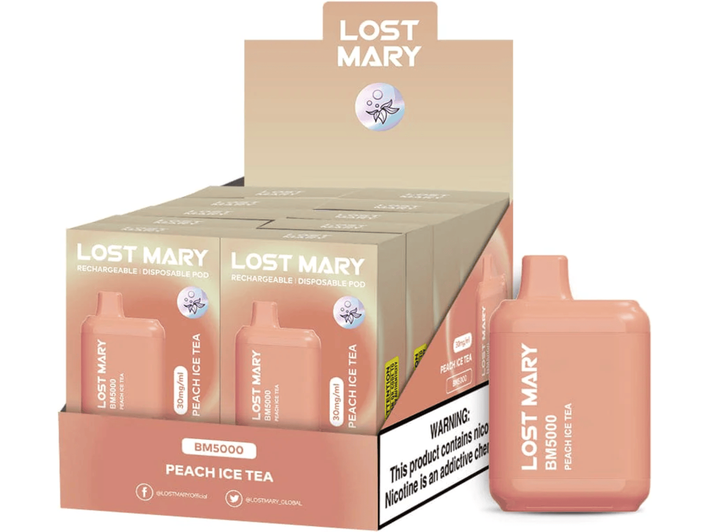 Lost Mary BM5000 Peach Ice Tea flavored disposable vape device and box.