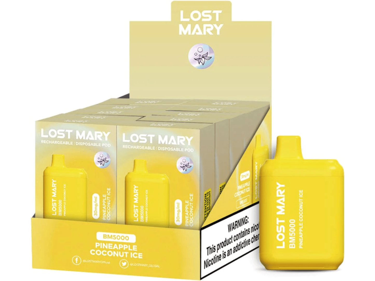 Lost Mary BM5000 Pineapple Coconut Ice flavored disposable vape and box.