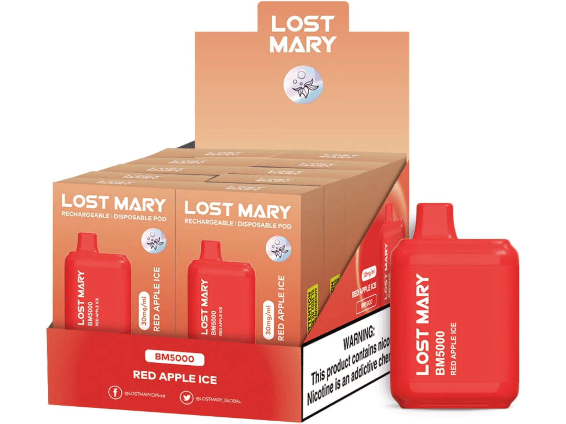 Lost Mary BM5000 Red Apple Ice flavored disposable vape and box.
