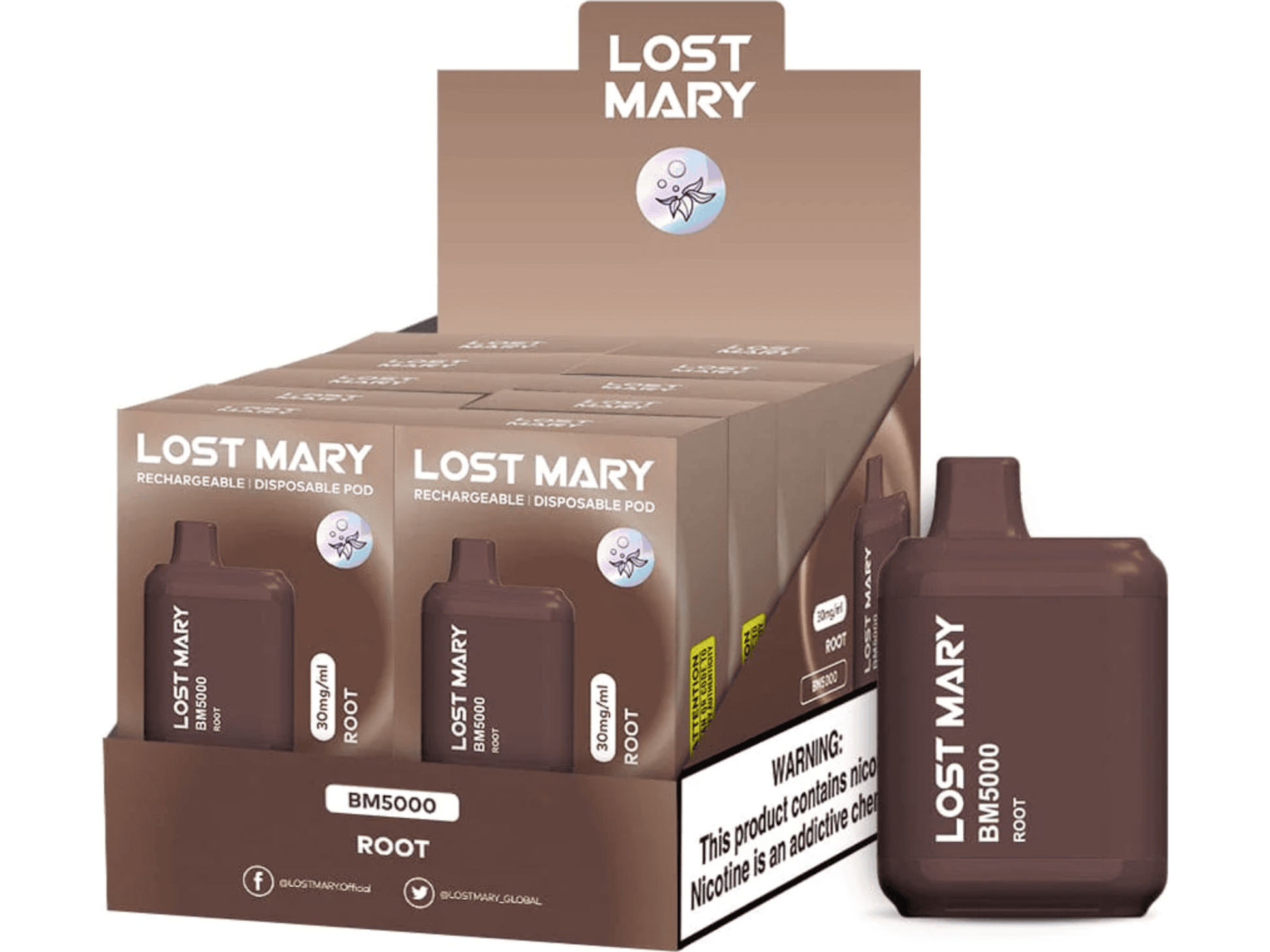 Lost Mary BM5000 Root flavored disposable vape device and box.