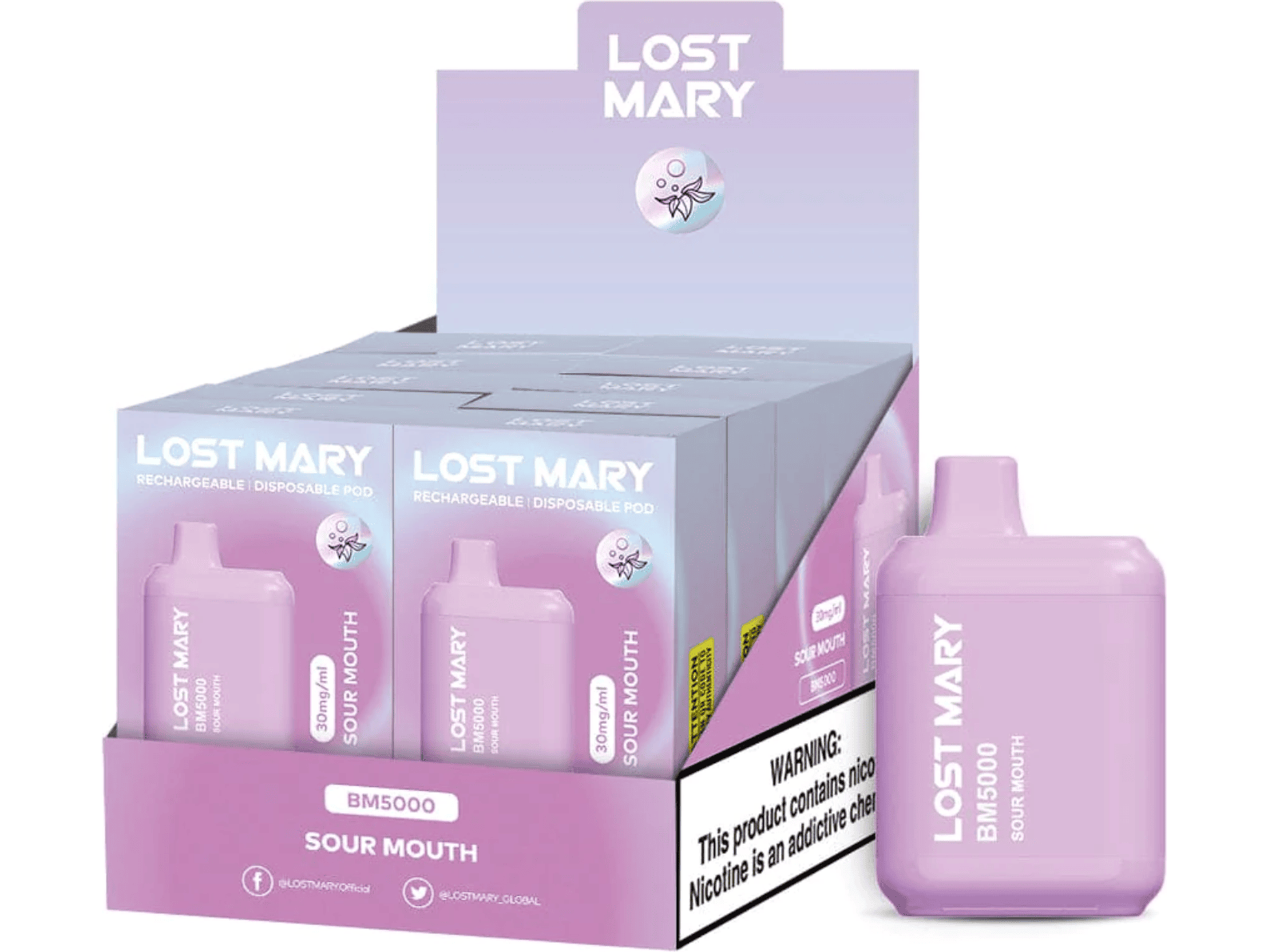 Lost Mary BM5000 Sour Mouth flavored disposable vape device and box.