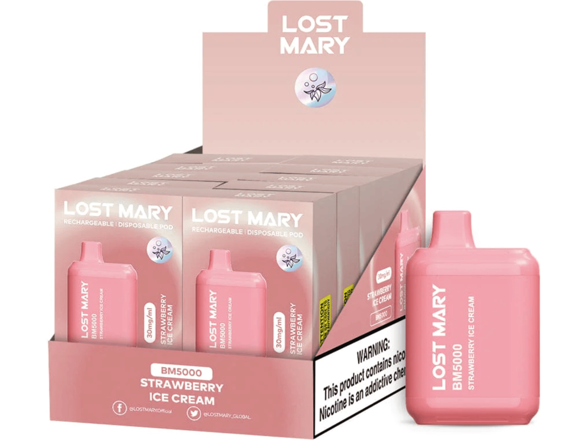 Lost Mary BM5000 Strawberry Ice Cream flavored disposable vape device and box.
