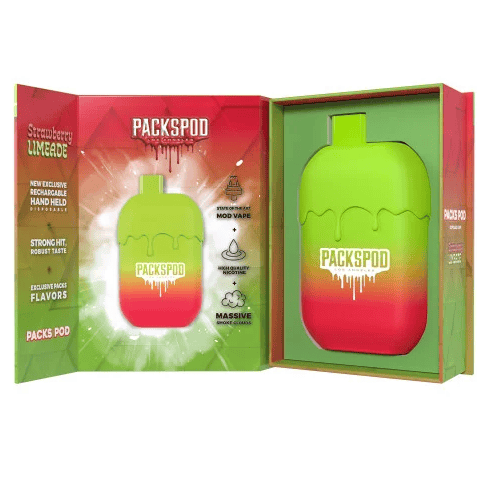 Packswood Packspod Strawberry Limeade flavored disposable vape device.