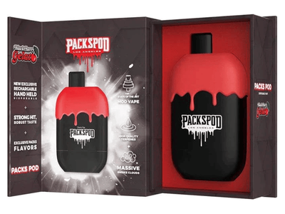 Packspod Blackberry Gelato flavored disposable vape device.