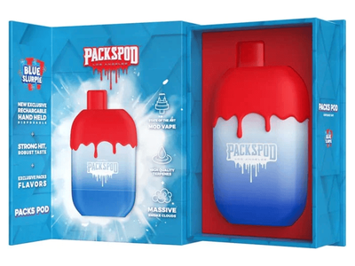 Packspod Blue Slurpie flavored disposable vape device.