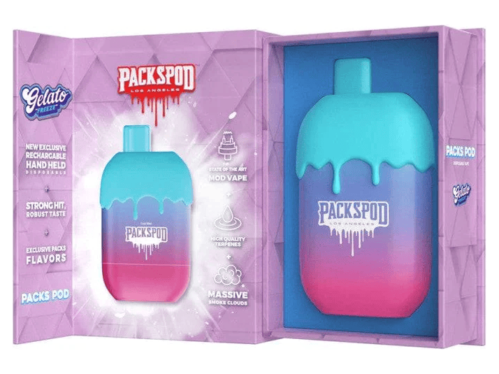 Packspod Gelato freeze flavored disposable vape device.