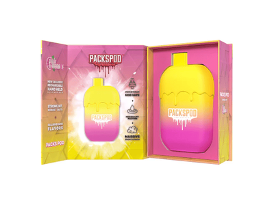 Packspod Pink Lemonade flavored disposable vape device.