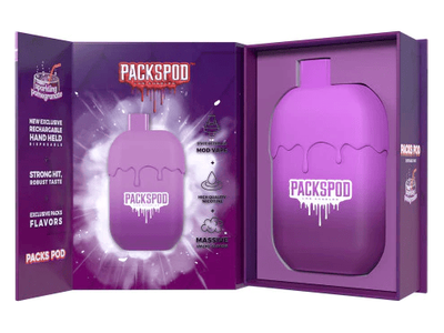 Packspod Sparkling Pomegranate flavored disposable vape device.