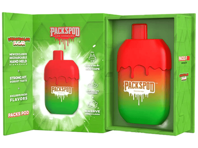 Packspod Watermelon Sugar flavored disposable vape device.