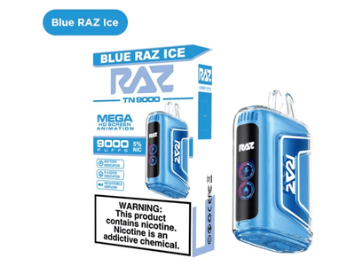 Raz TN9000 Blue Razz Ice flavored disposable vape device and box.
