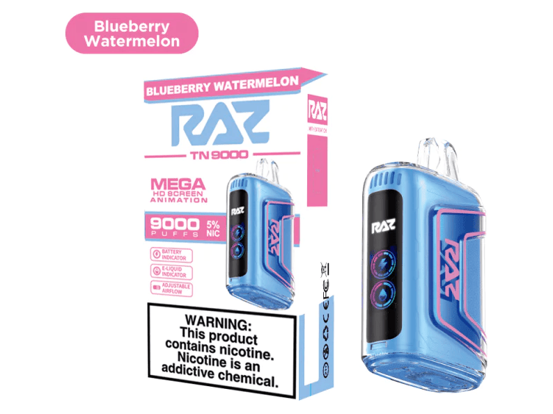 Raz TN9000 Bluebery Watermelon flavored  disposable vape device and box.