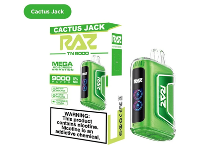 RAZ TN9000 Cactus Jack flavored disposable vape device and box.