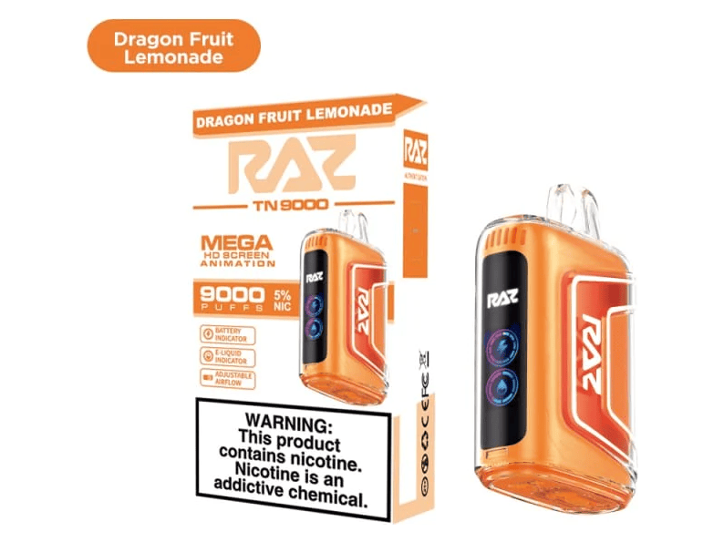 RAZ TN9000 Dragon Fruit Lemonade flavored disposable vape device and box.