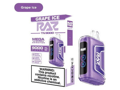 Raz TN9000 Graoe Ice flavored disposable vape device.