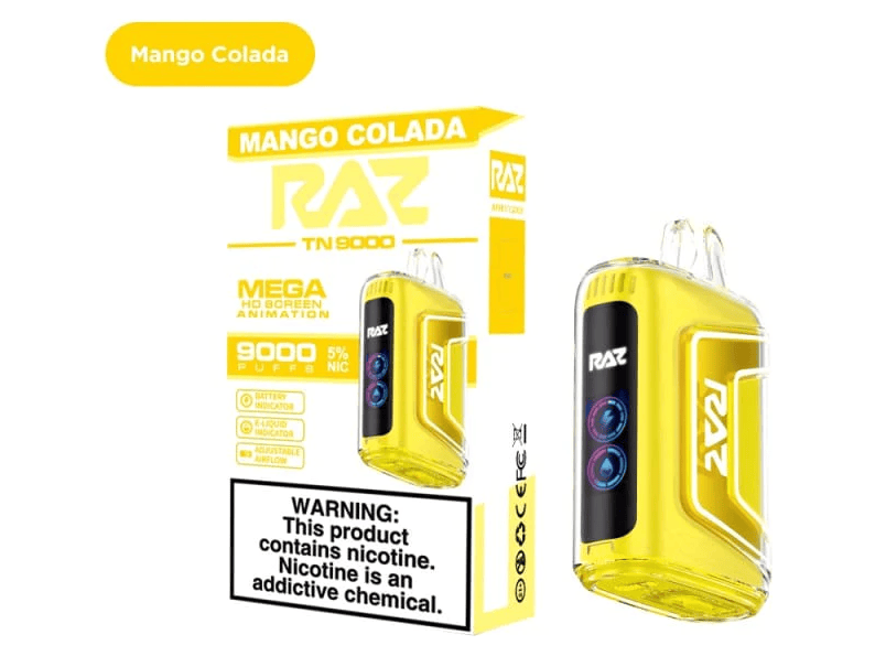 RAZ TN9000 Mango Colada flavored disposable vape device and box.