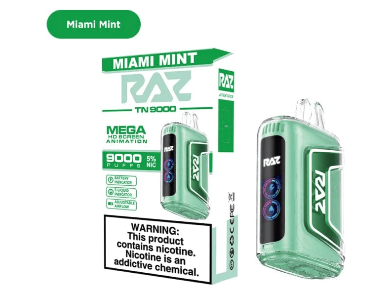 RAZ TN9000 Miami Minbt flavored disposable vape device and box.