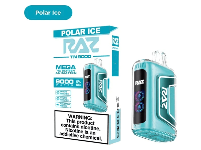 RAZ TN9000 Polar Ice flavored disposable vape device and box.