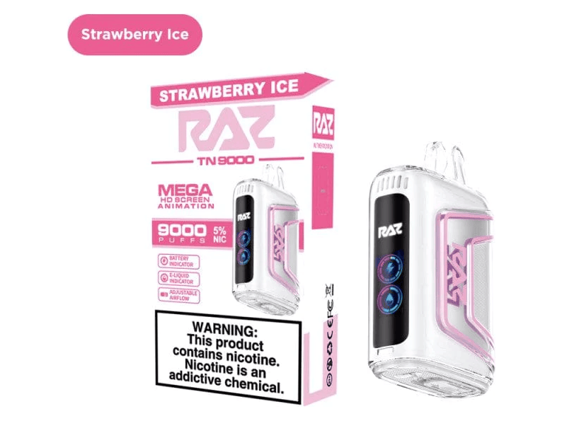 RAZ TN9000 Strawberry Ice flavored disposable vape device and box.