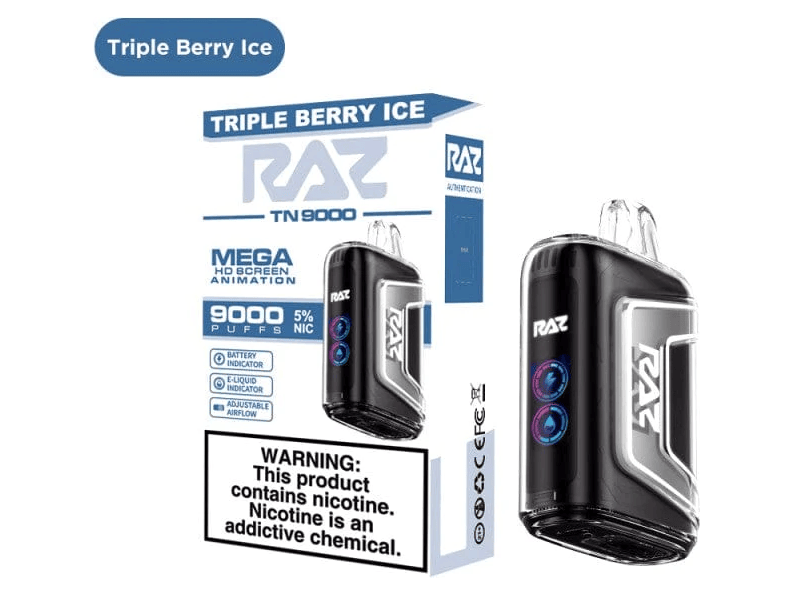 RAZ TN9000 Triple Berry Ice flavored disposable vape device and box.