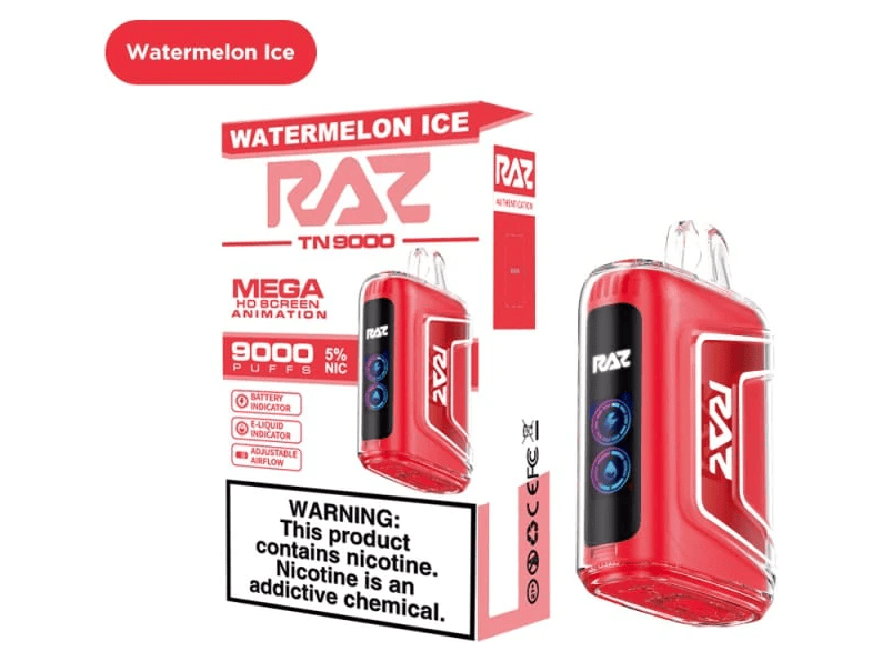 RAZ TN9000 Watermelon Ice flavored disposable vape device and box.